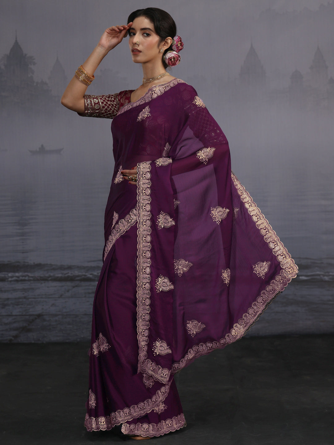  Libas Wine Stone Work Embellished Chiffon Saree 