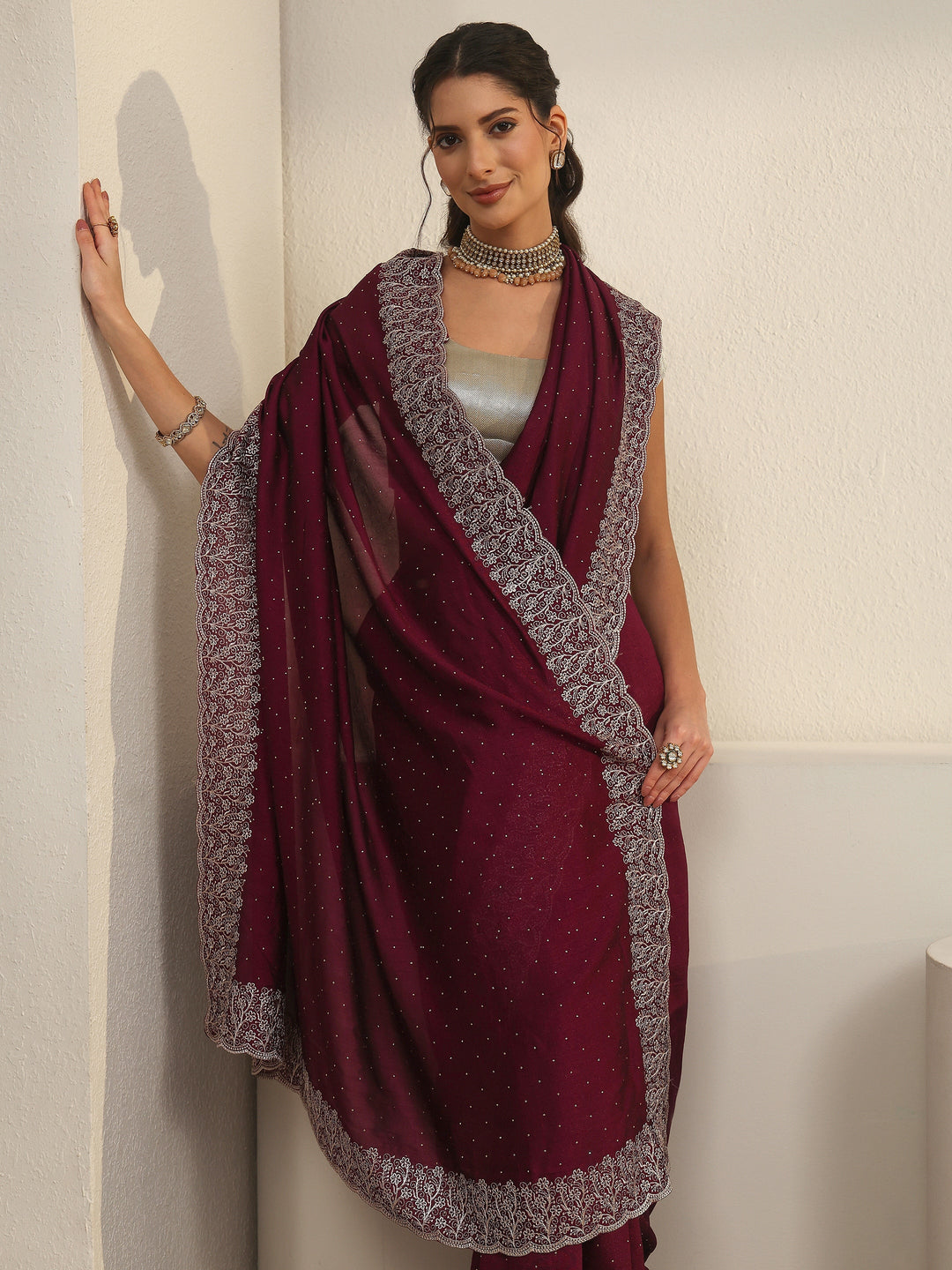  Libas Wine Stone Work Embellished Silk Blend Saree 