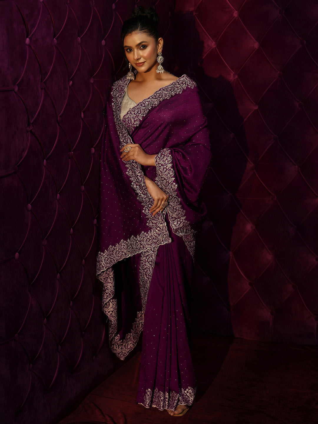  Libas Wine Stone Work Embellished Silk Blend Saree 