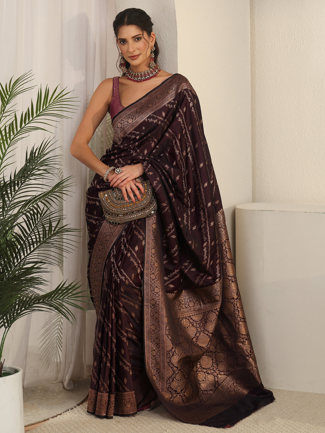 Libas Wine Woven Design Satin Saree