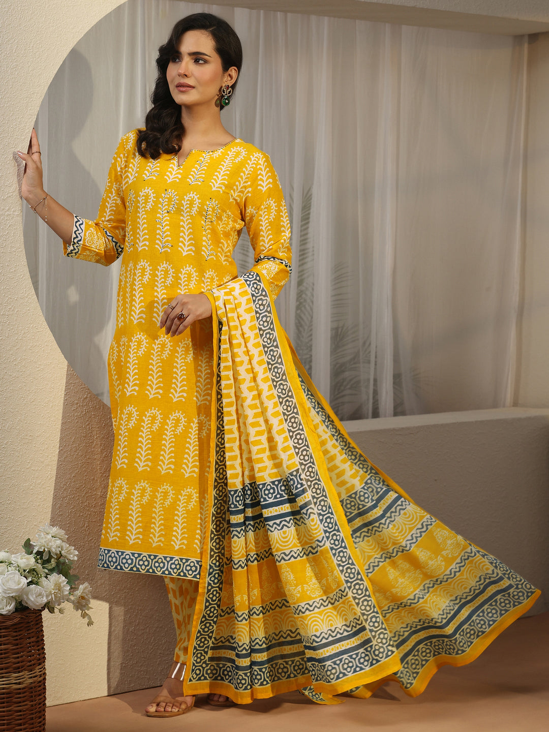 Libas Yellow Block Printed Cotton Straight Suit Set