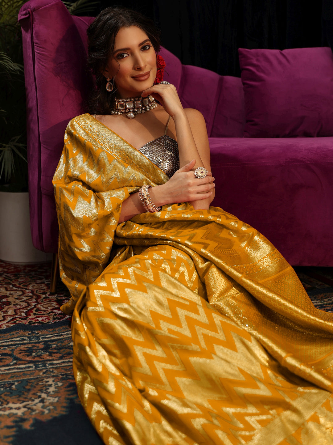 Libas Yellow Chevron Woven Design Silk Blend Saree