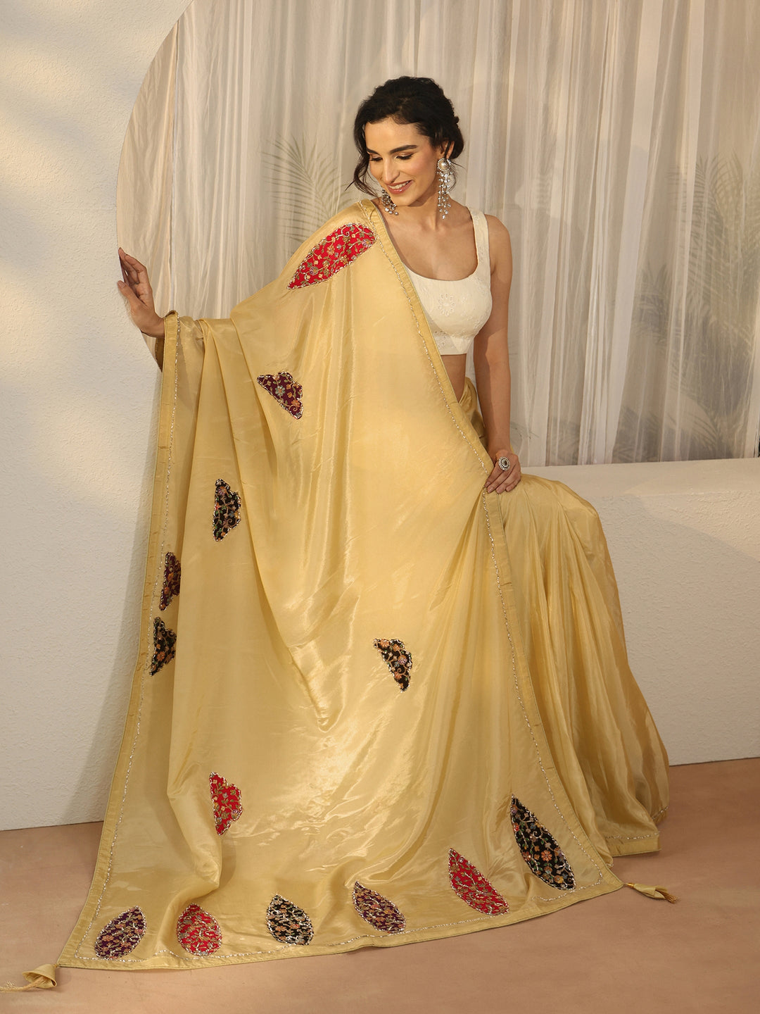  Libas Yellow Embellished Satin Saree with Applique Design 