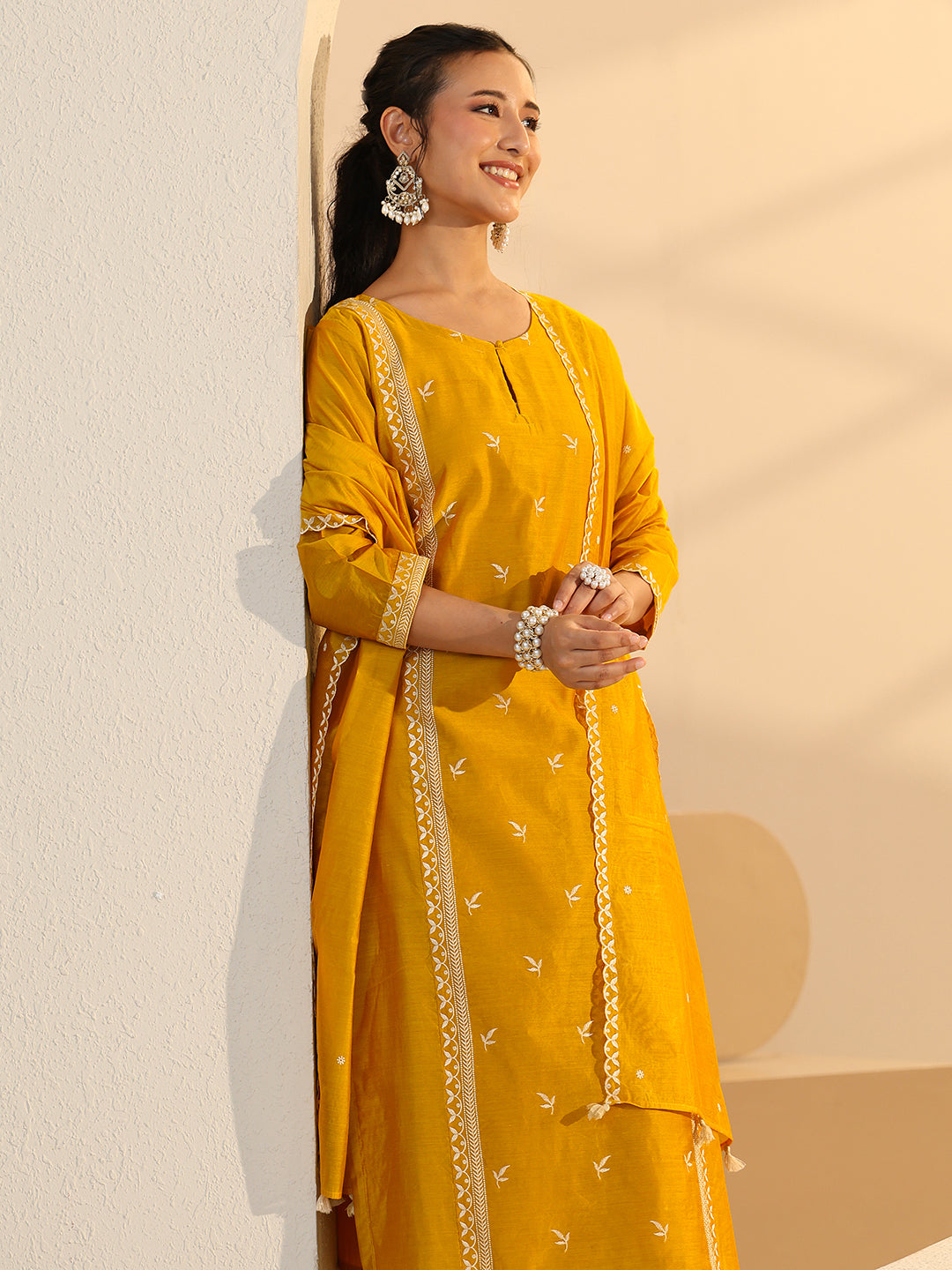  Libas Yellow Floral Embroidered Chanderi Silk Straight Suit Set 