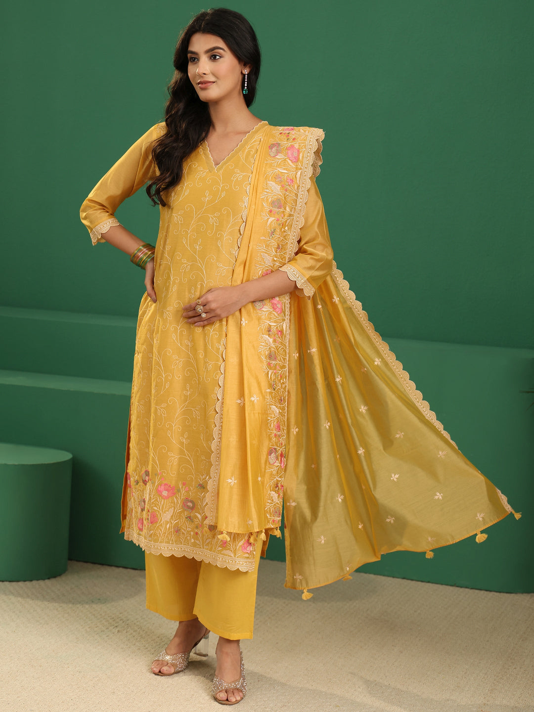  Libas Yellow Floral Embroidered Chanderi Silk Straight Suit Set 
