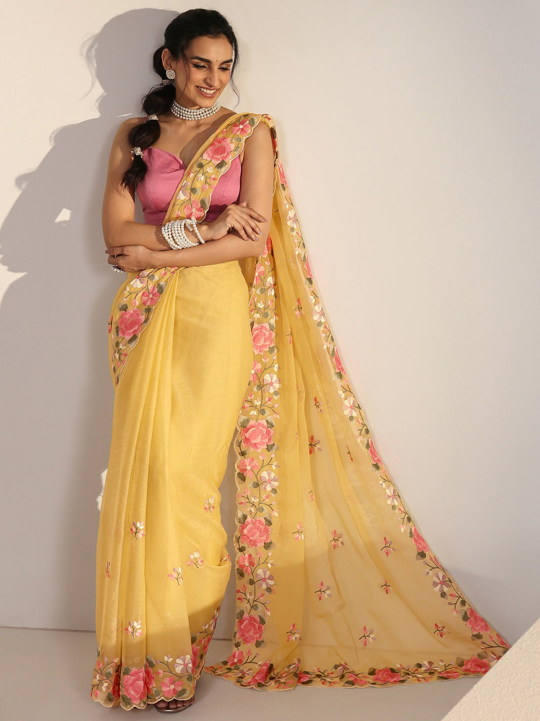  Libas Yellow Floral Embroidered Chiffon Saree with Scalloped Border 
