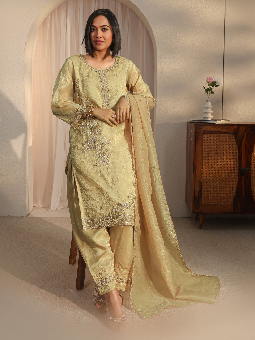  Libas Yellow Floral Embroidered Organza Farshi Salwar Suit 