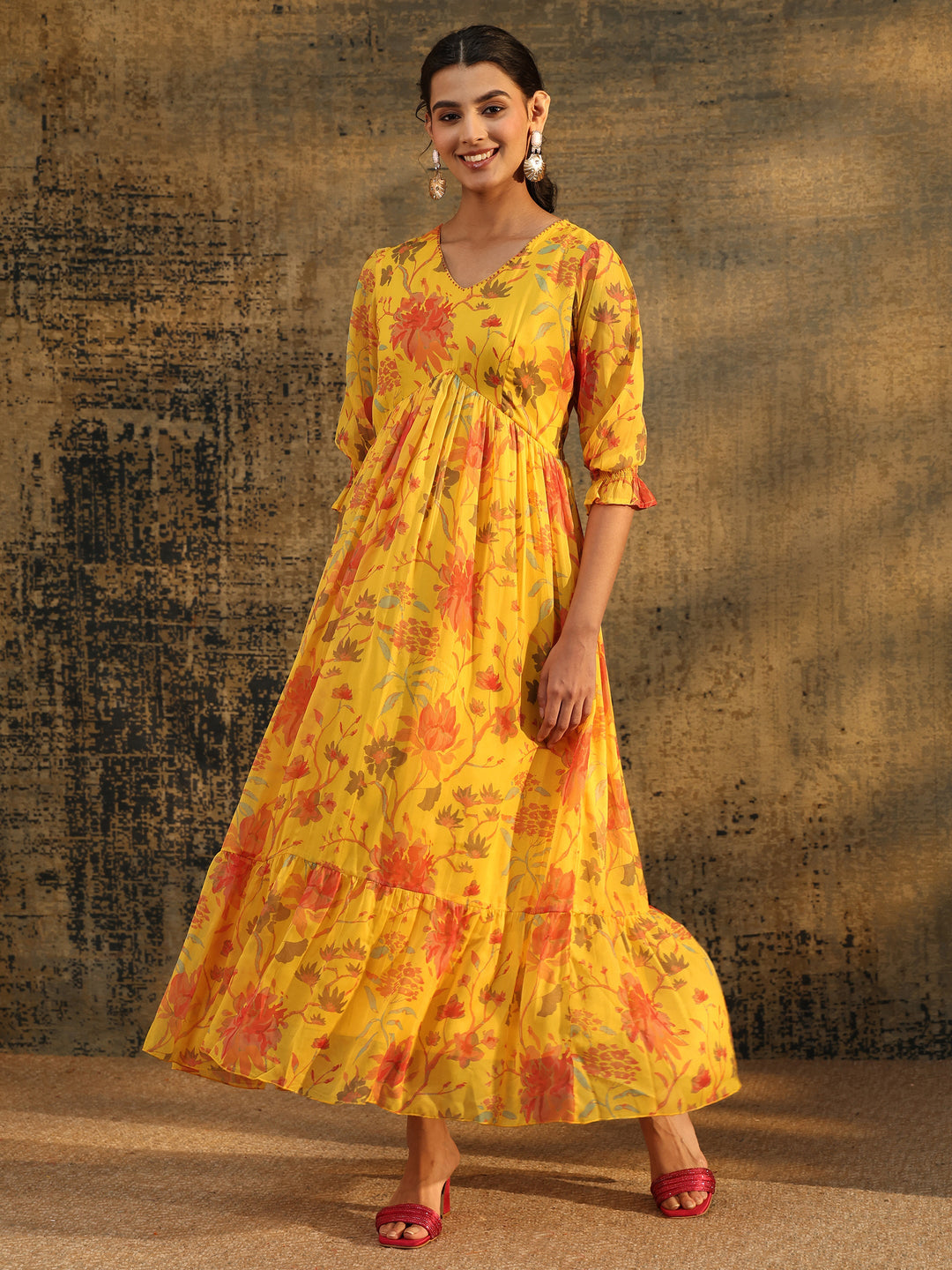  Libas Yellow Floral Printed Empire Chiffon Dress 