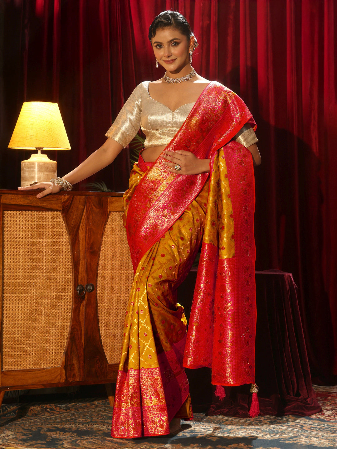 Libas Yellow Floral Woven Design Embellished Silk Blend Saree