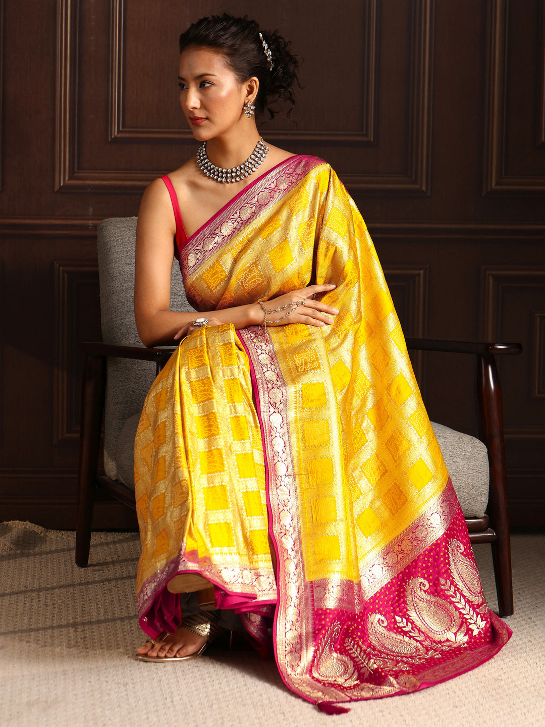 Libas Yellow Gharchola Silk Blend Saree with Paisley Weave Pallu