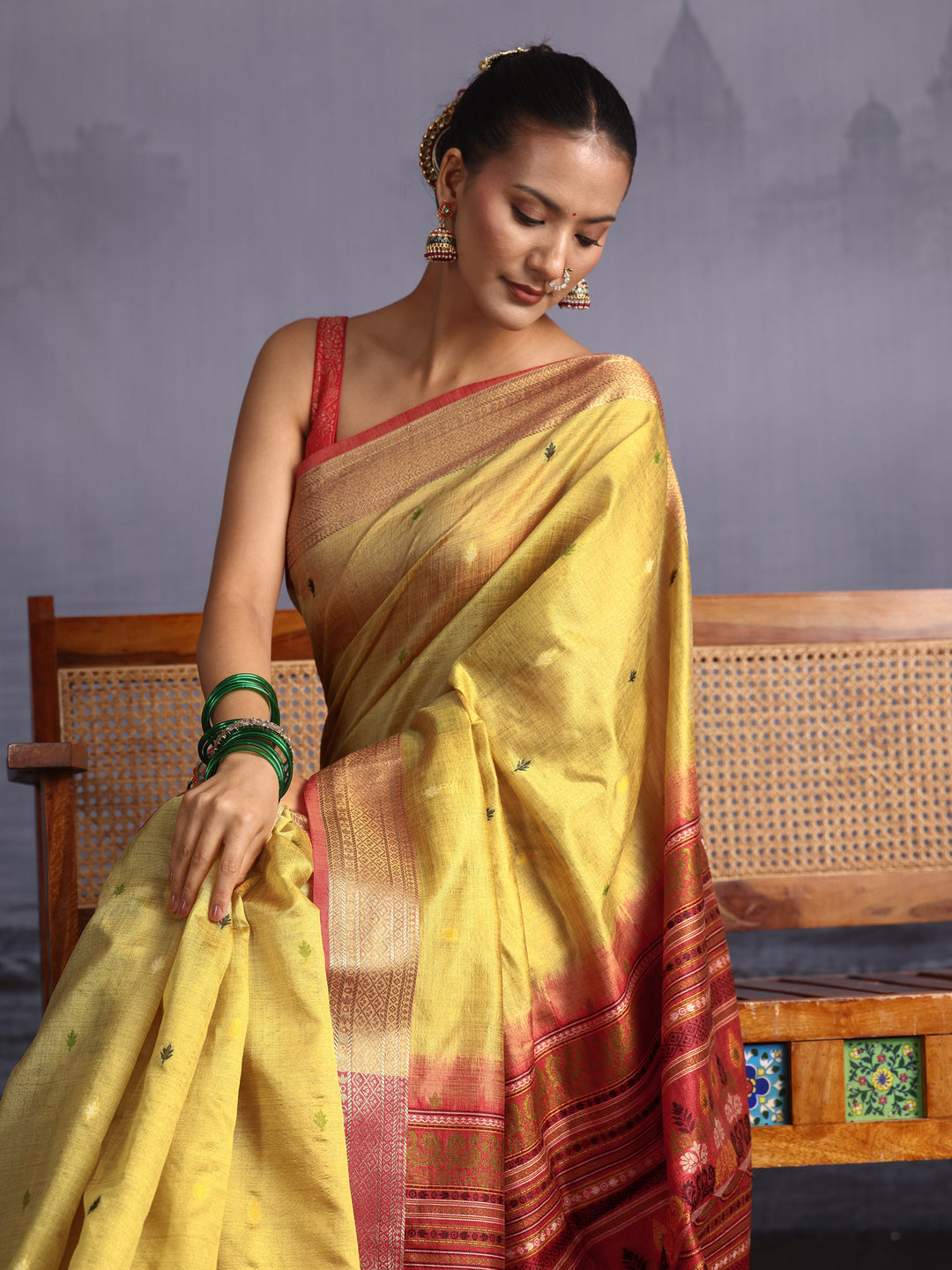 Libas Yellow Jacquard Woven Design Silk Blend Saree