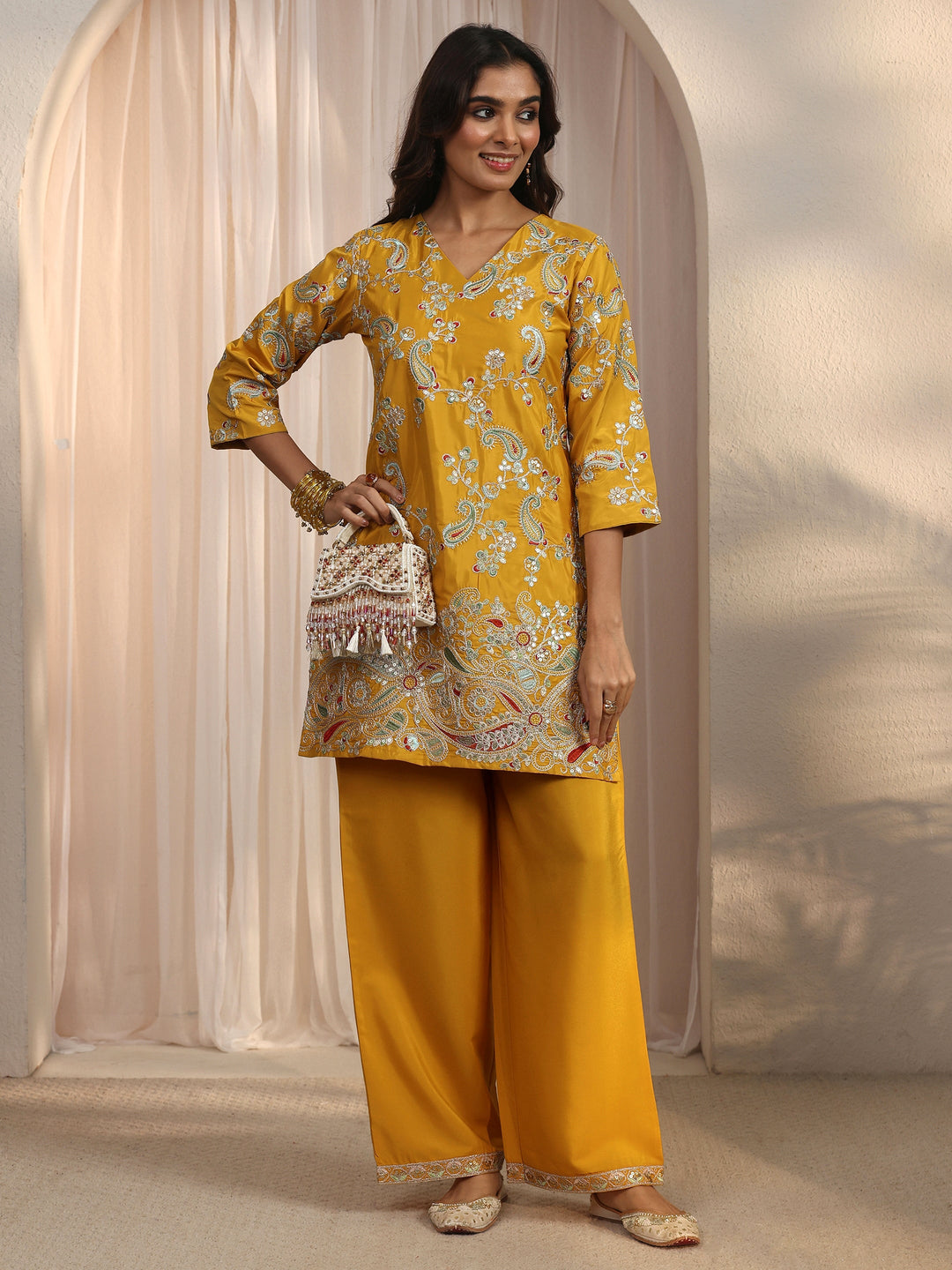  Libas Yellow Paisley Embroidered Silk Blend Co-Ord Set 
