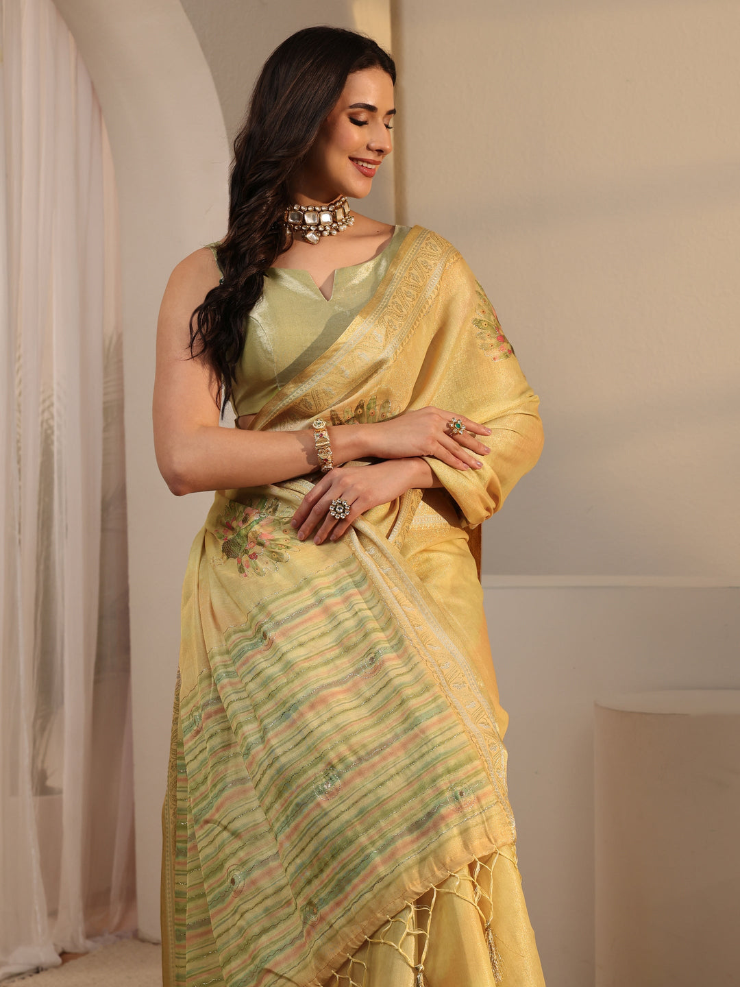 Libas Yellow Peacock Printed Silk Blend Tassel Saree