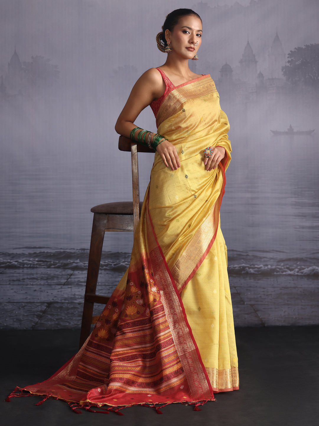  Libas Yellow Silk Blend Saree with Floral Woven Pallu 
