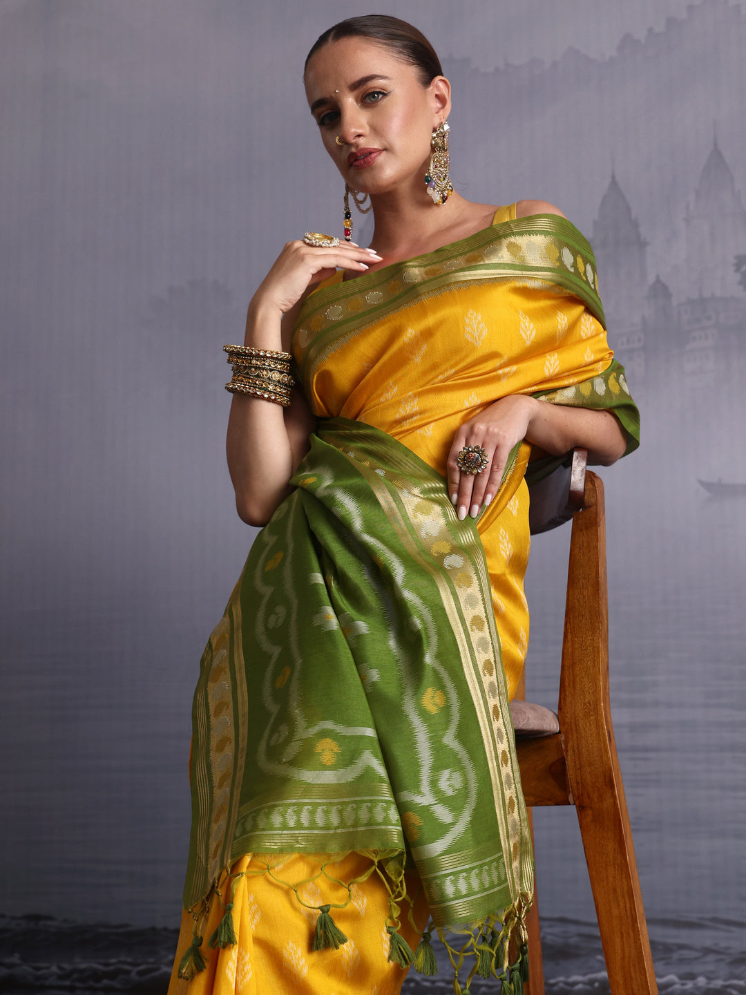  Libas Yellow and Green Woven Design Silk Blend Saree 