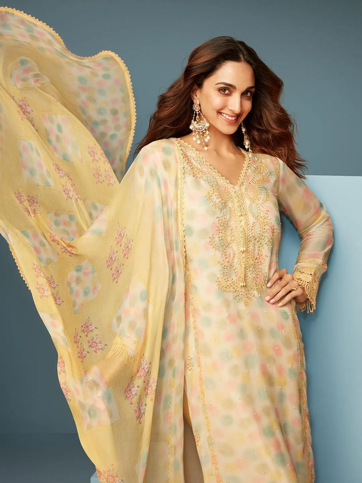 Women Lime Yellow Three-Quarter Sleeves Straight Kurta Skirt Set With Dupatta