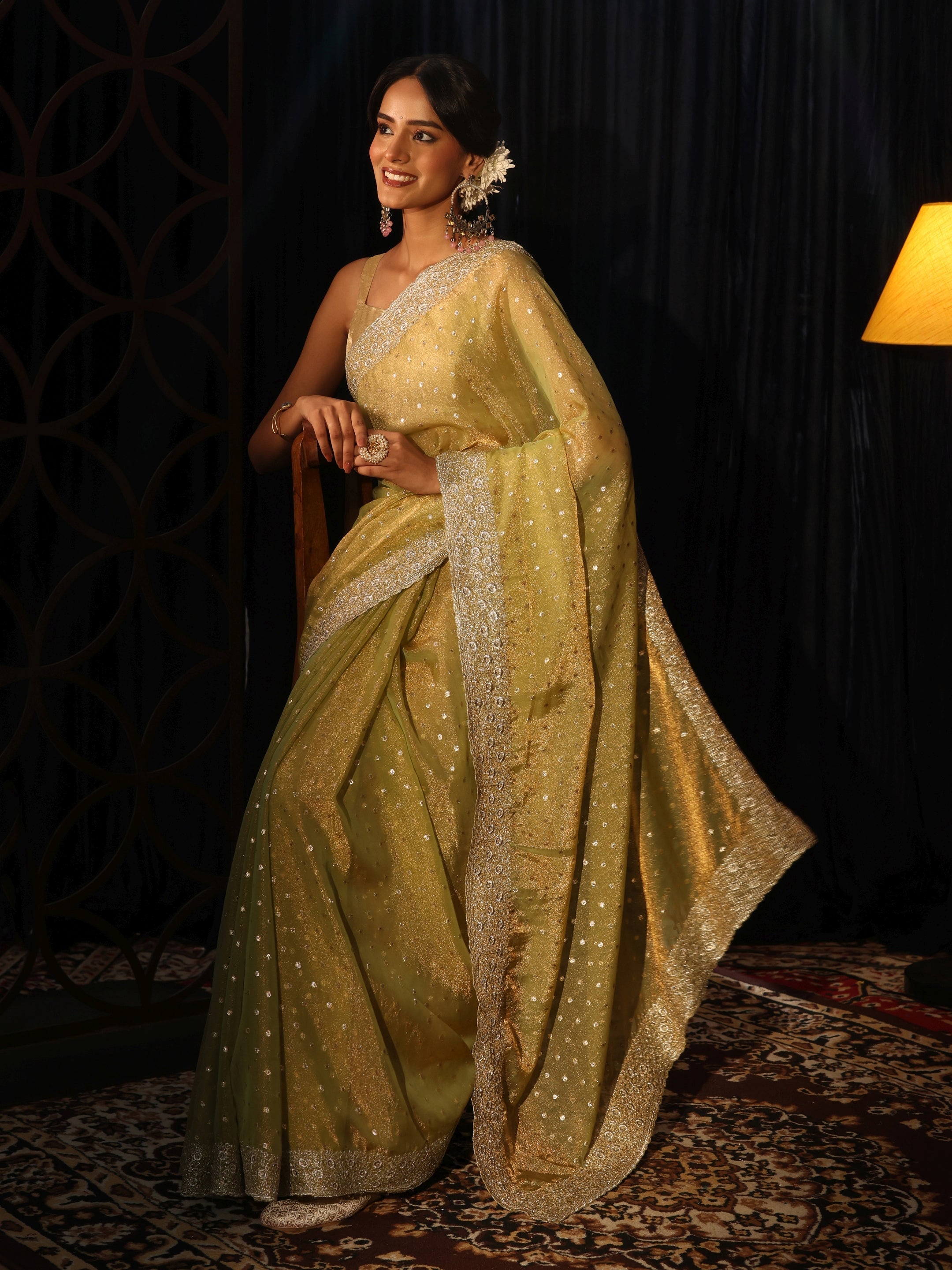 Libas Light Henna Green Mirror Work Silk Blend Saree-picture-17
