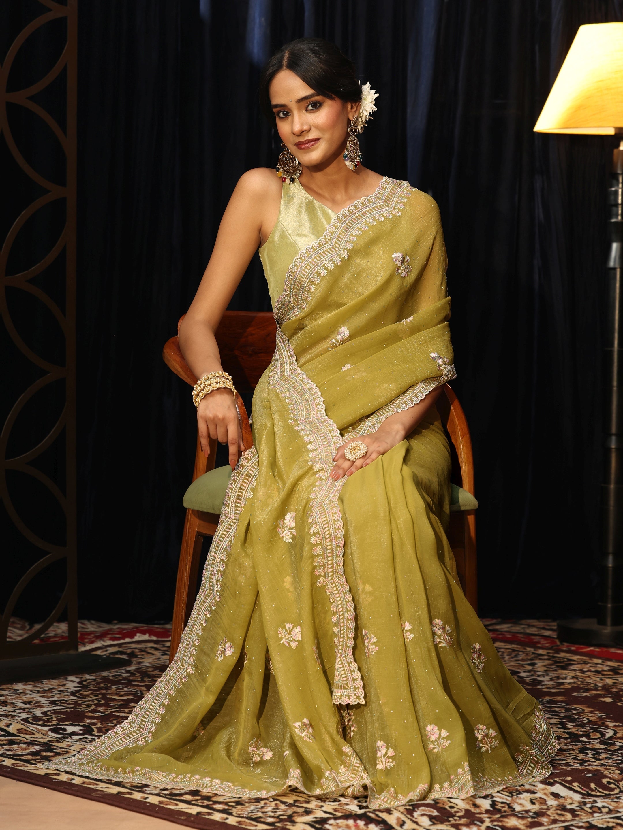 Libas Light Henna Green Floral Embroidered Chiffon Saree-picture-42
