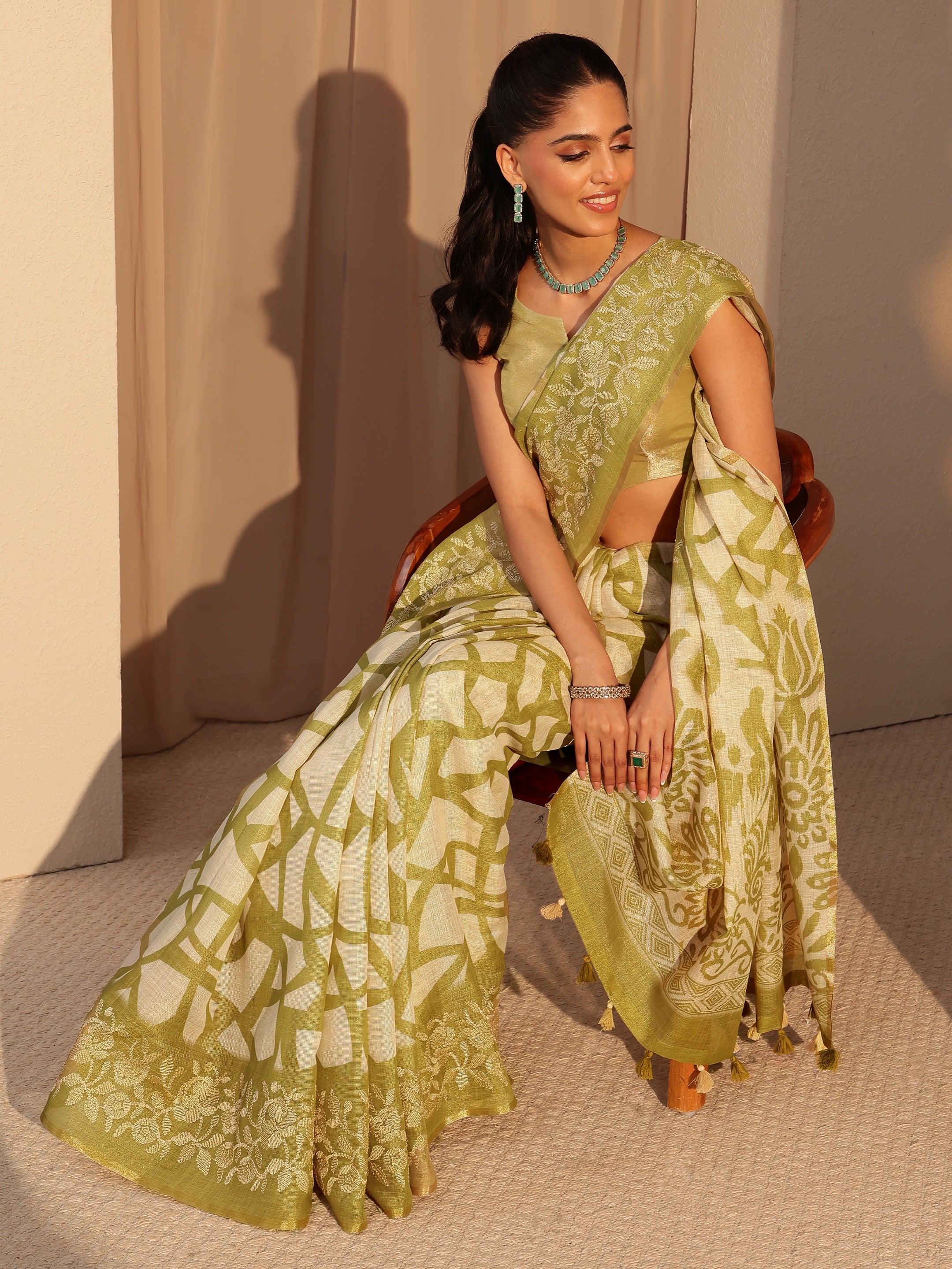 libas Light Olive Green Abstract Printed Cotton Blend Saree-picture-16