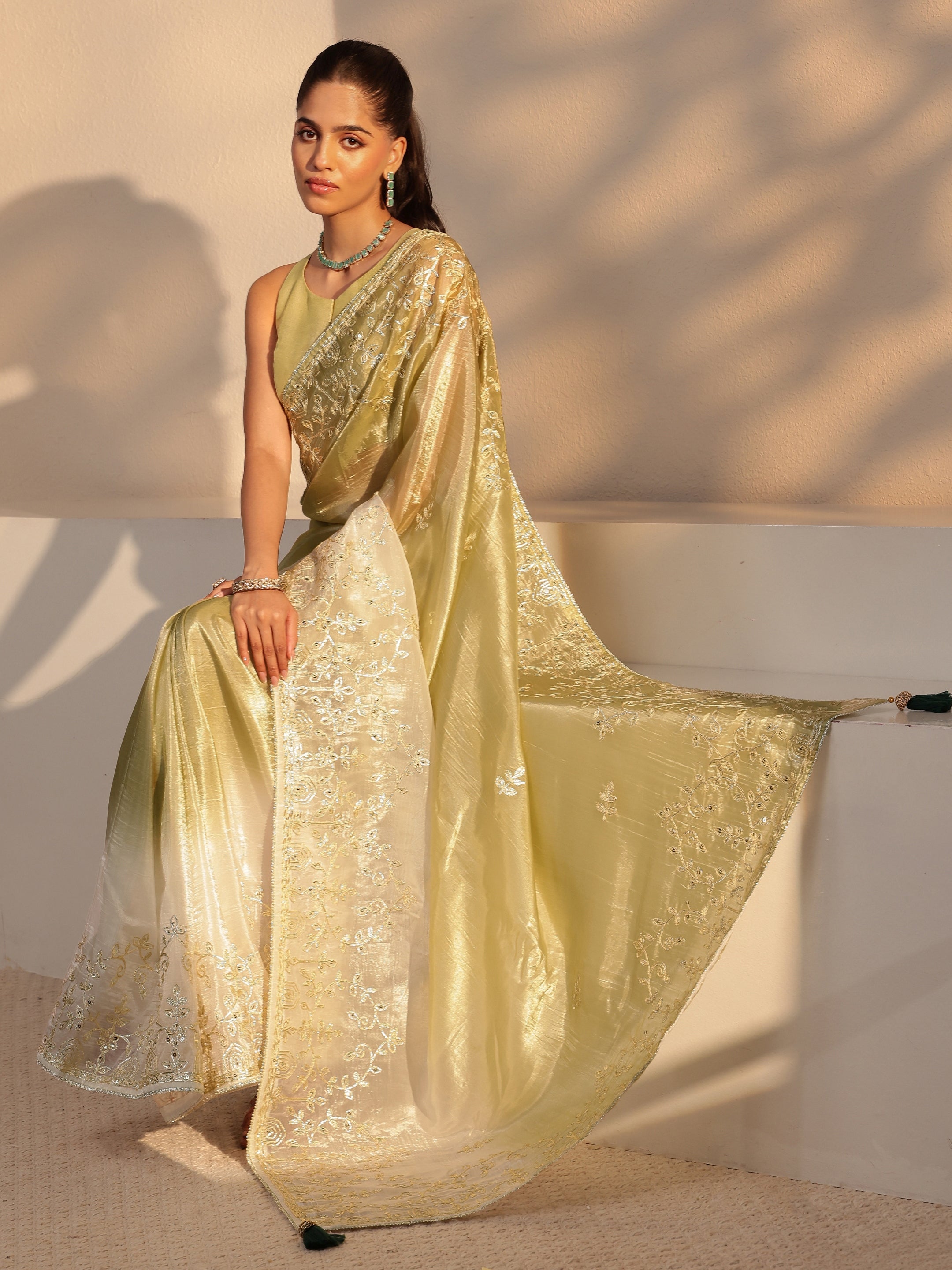 libas Light Olive Green Floral Embellished Ombre Satin Saree-picture-43