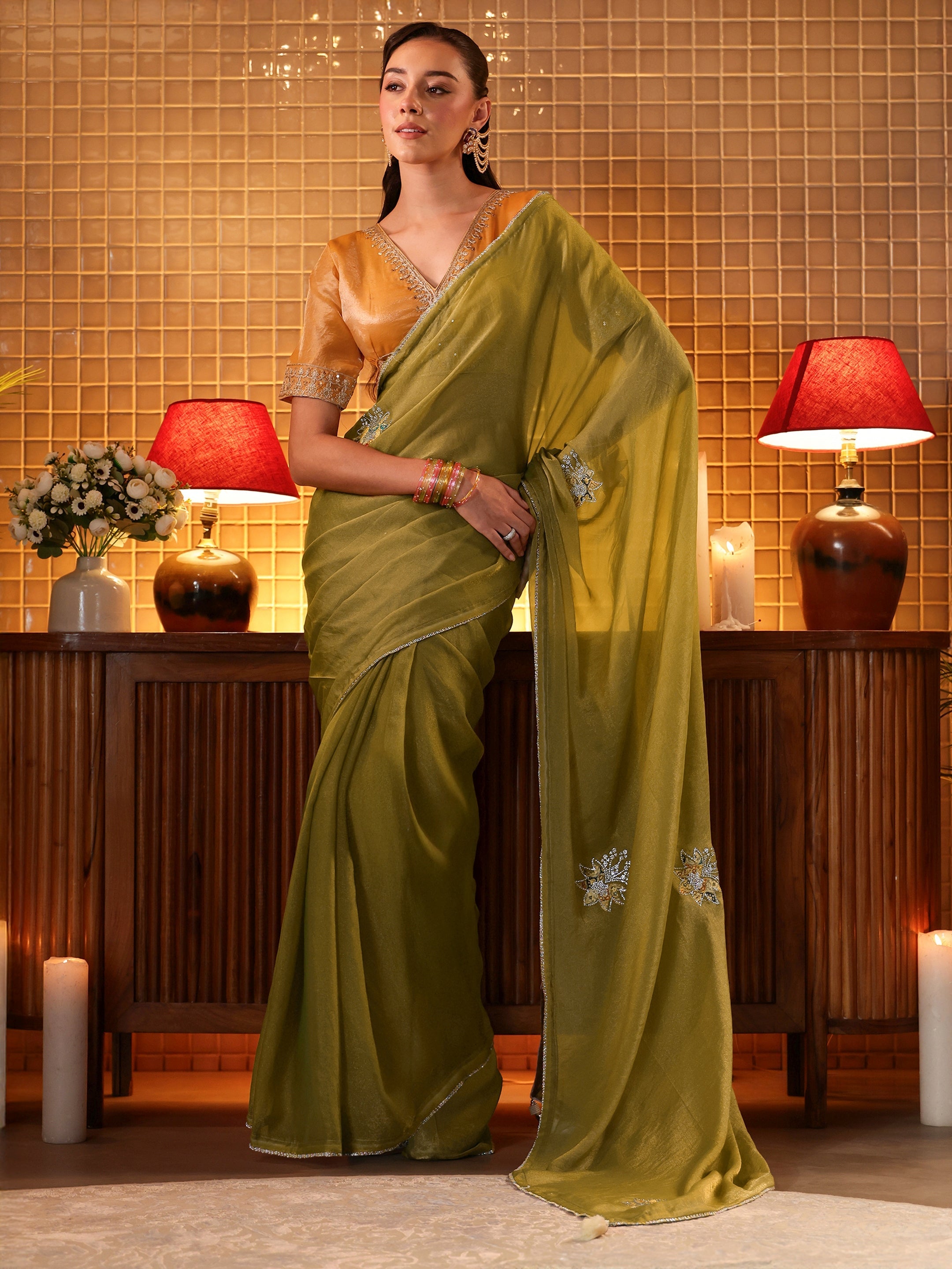libas Light Olive Green Floral Embellished Silk Blend Saree-picture-48
