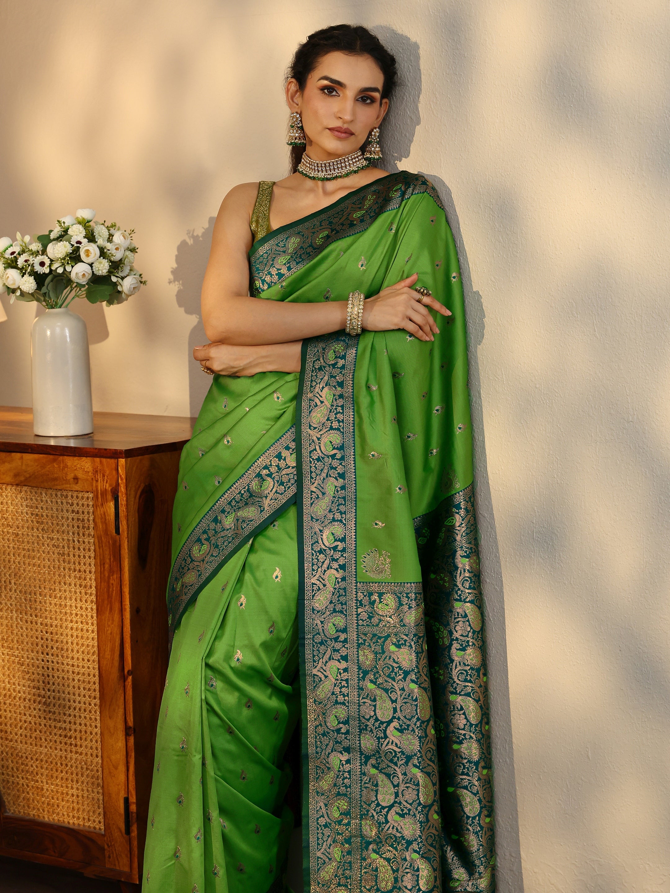 libas Lime Green Banarasi Silk Blend Saree-picture-40