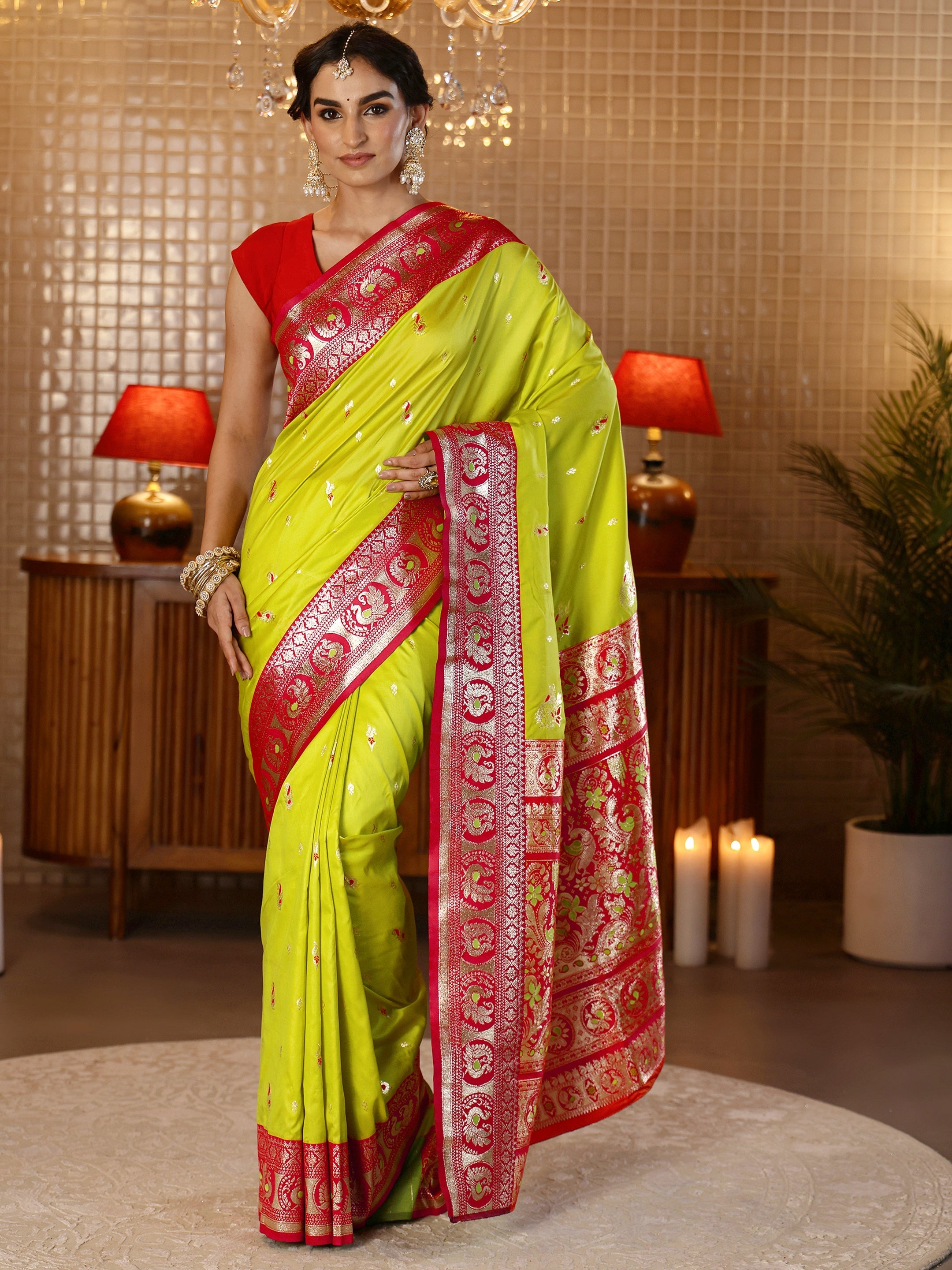 libas Lime Green Banarasi Silk Blend Saree-picture-53
