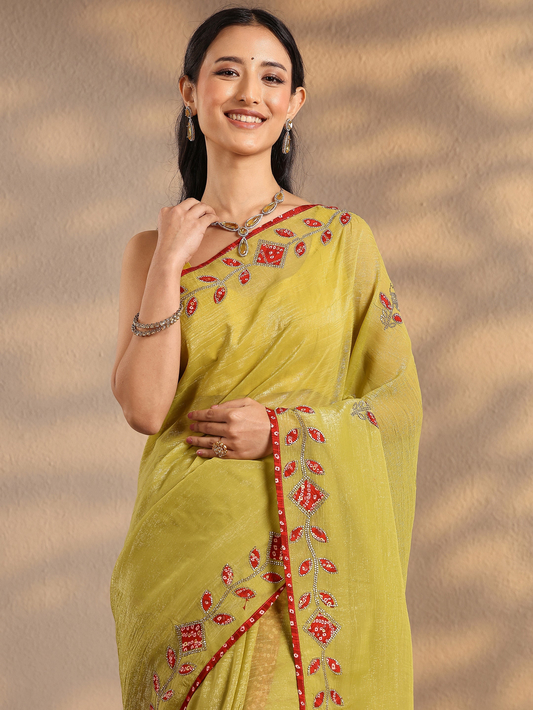 libas Lime Green Embellished Silk Blend Saree With Unstitched Blouse Piece-picture-22