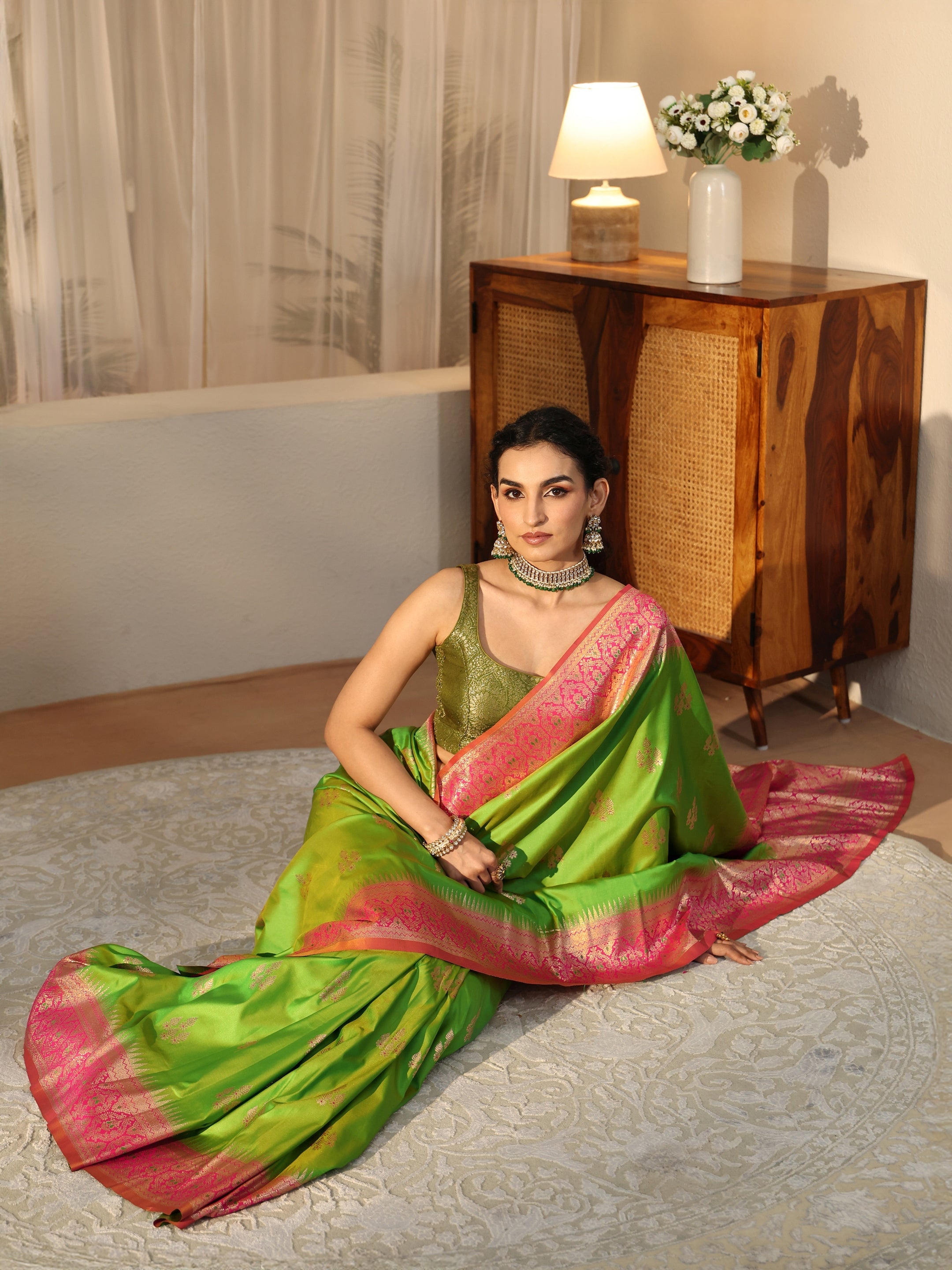 libas Lime Green Kanjeevaram Silk Blend Saree-picture-10