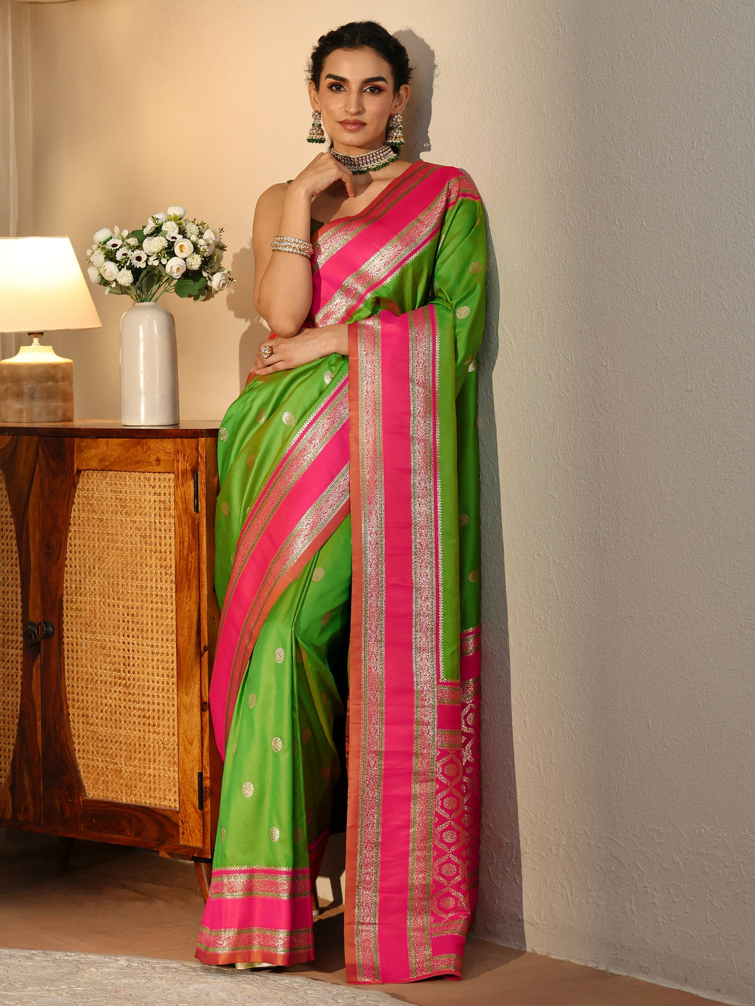 Lime Green Kanjeevaram Silk Blend Saree