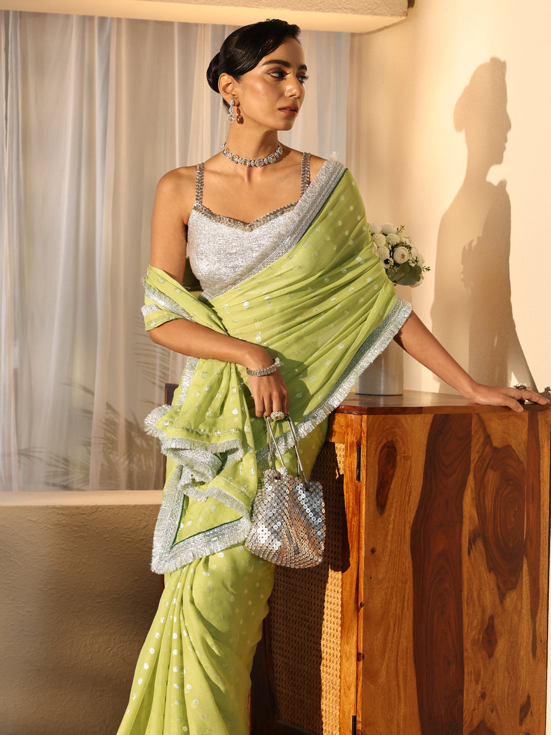  Lime Green Woven Design Tissue Saree 