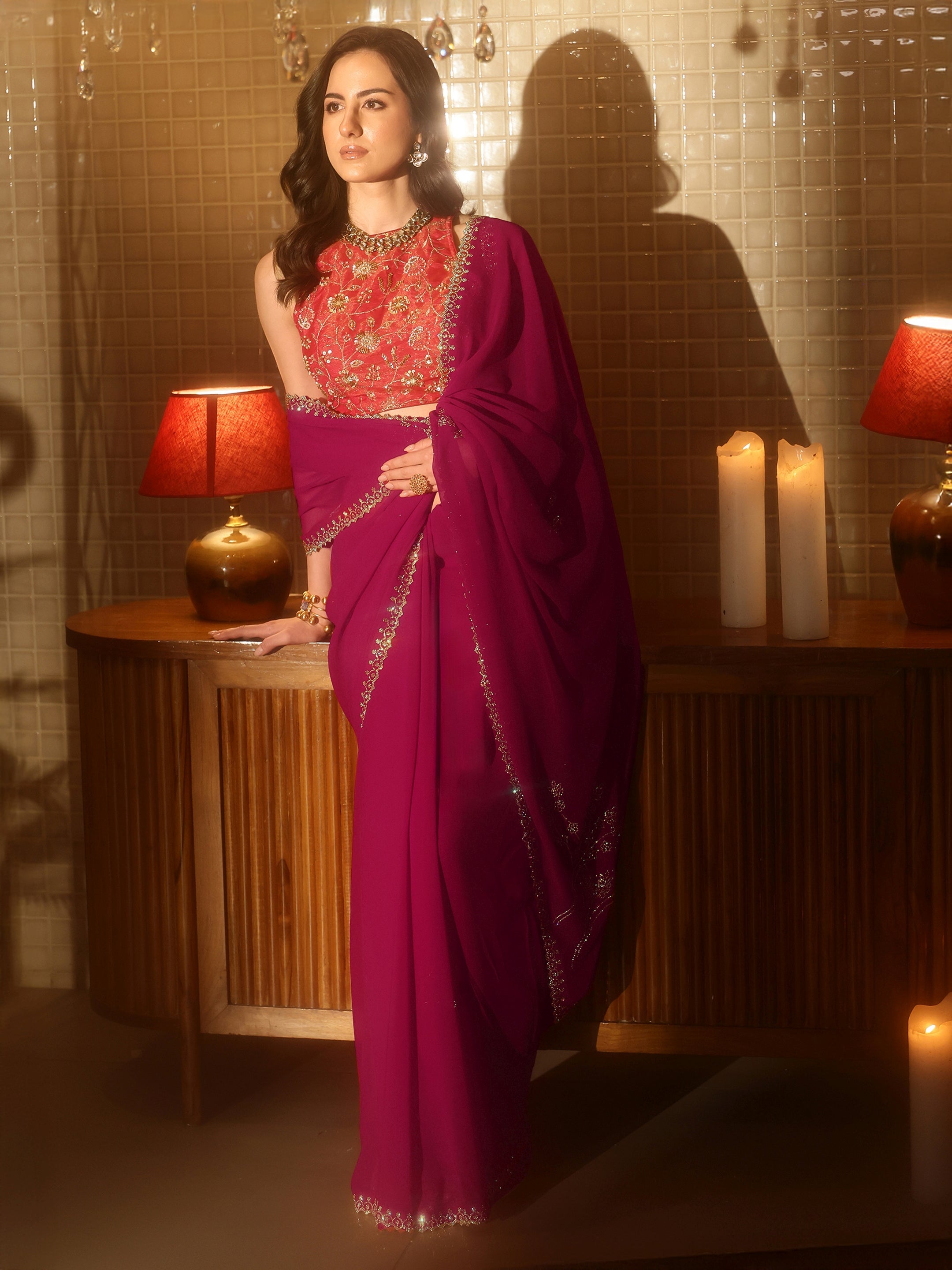libas Magenta Pink Floral Embellished Georgette Saree-picture-45