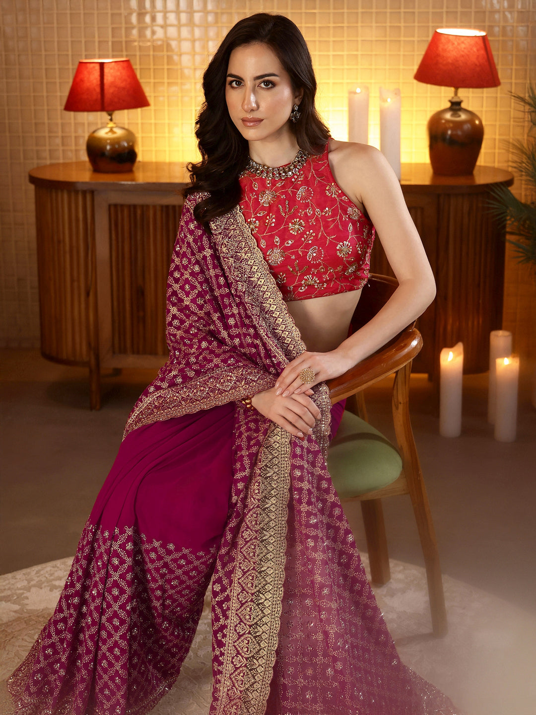  Magenta Pink Floral Embroidered Georgette Saree 