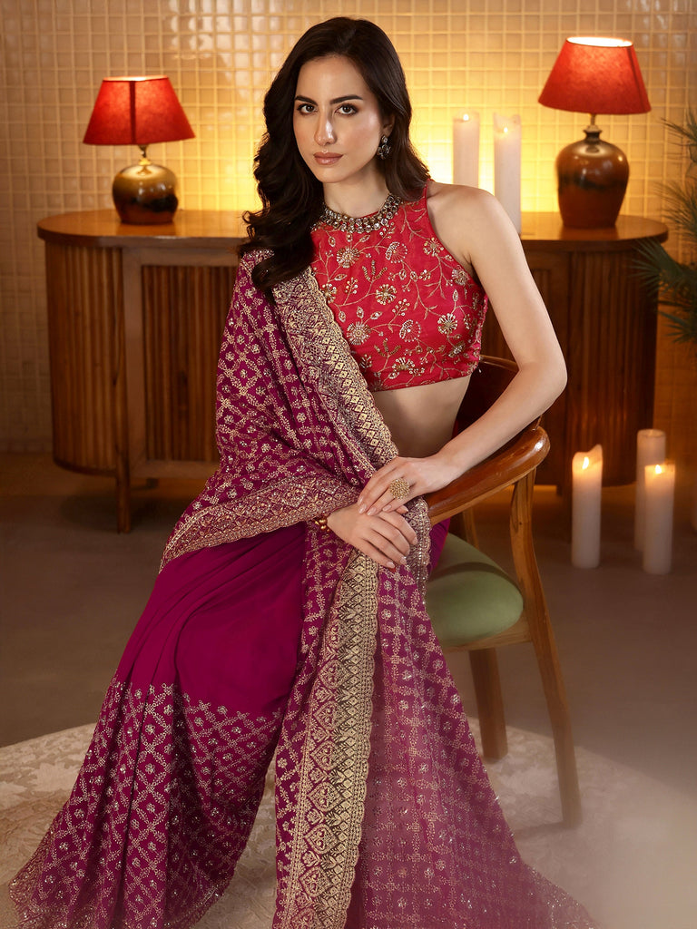 Libas Magenta Pink Floral Embroidered Georgette Saree