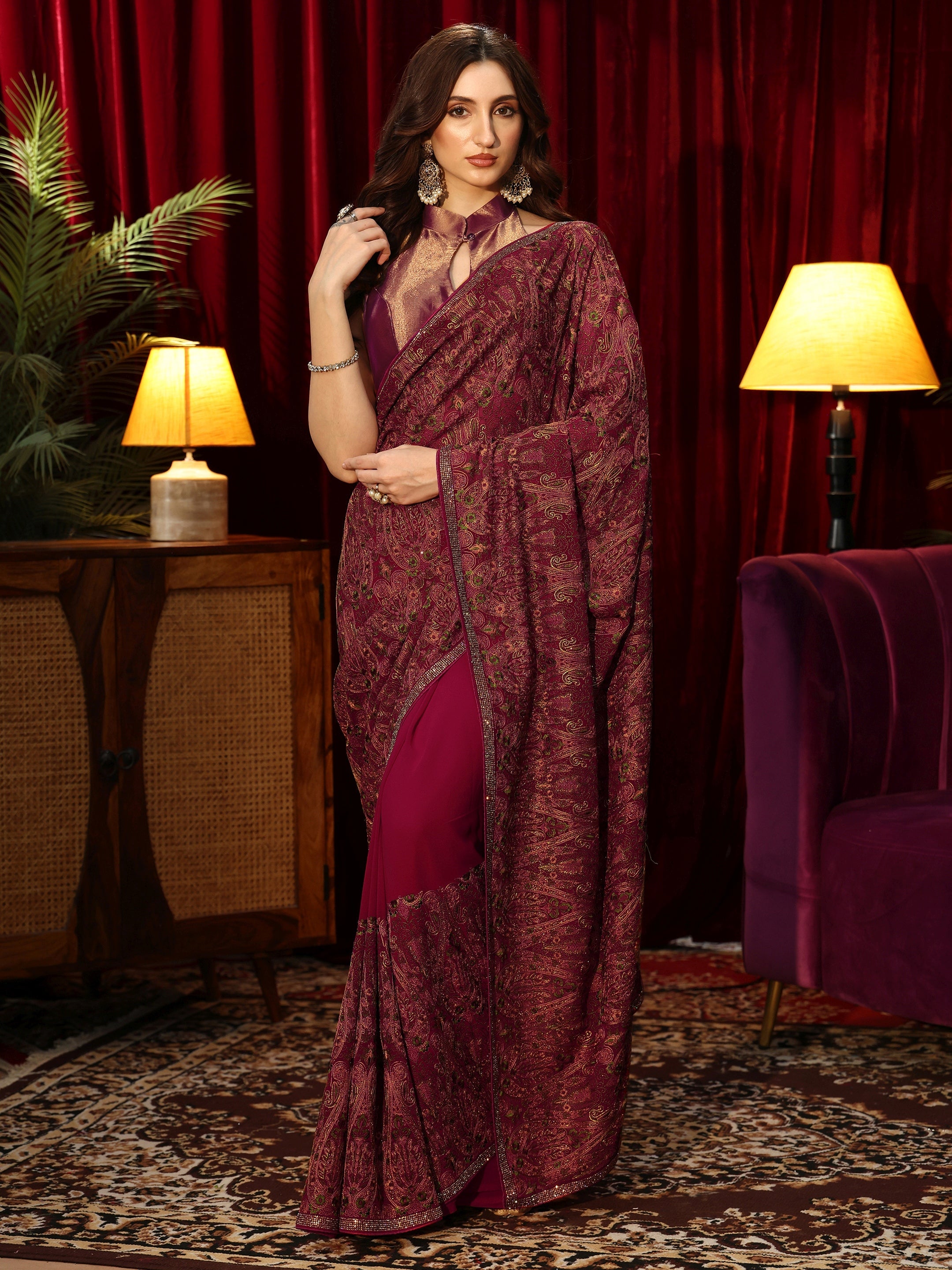 Libas Art Magenta Pink Printed Georgette Saree with Embellished Border-picture-65