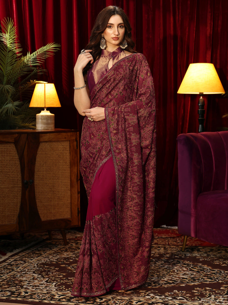 Libas Art Magenta Pink Printed Georgette Saree with Embellished Border