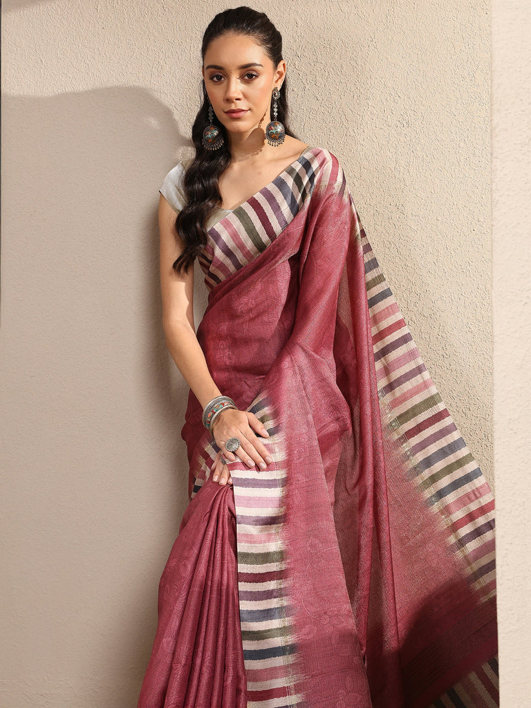 Libas Magenta Printed Silk Blend Saree With Unstitched Blouse Piece