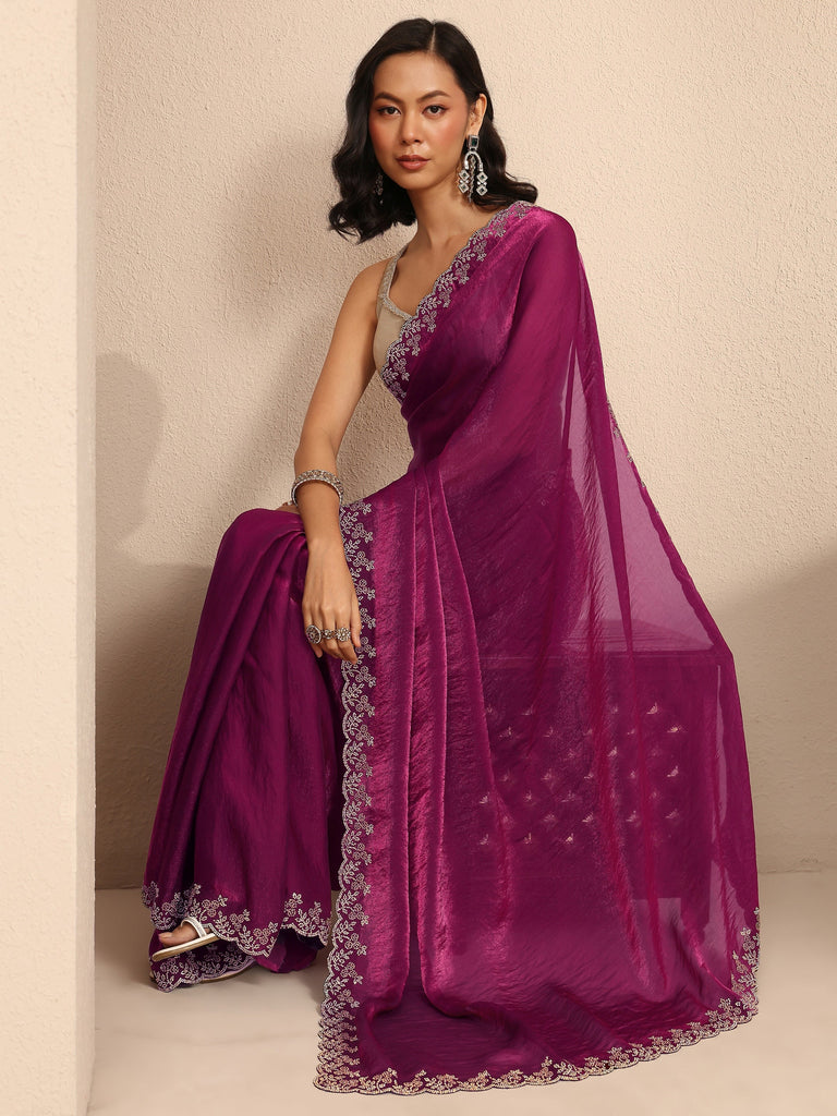 Libas Magenta Solid Silk Blend Saree With Unstitched Blouse Piece