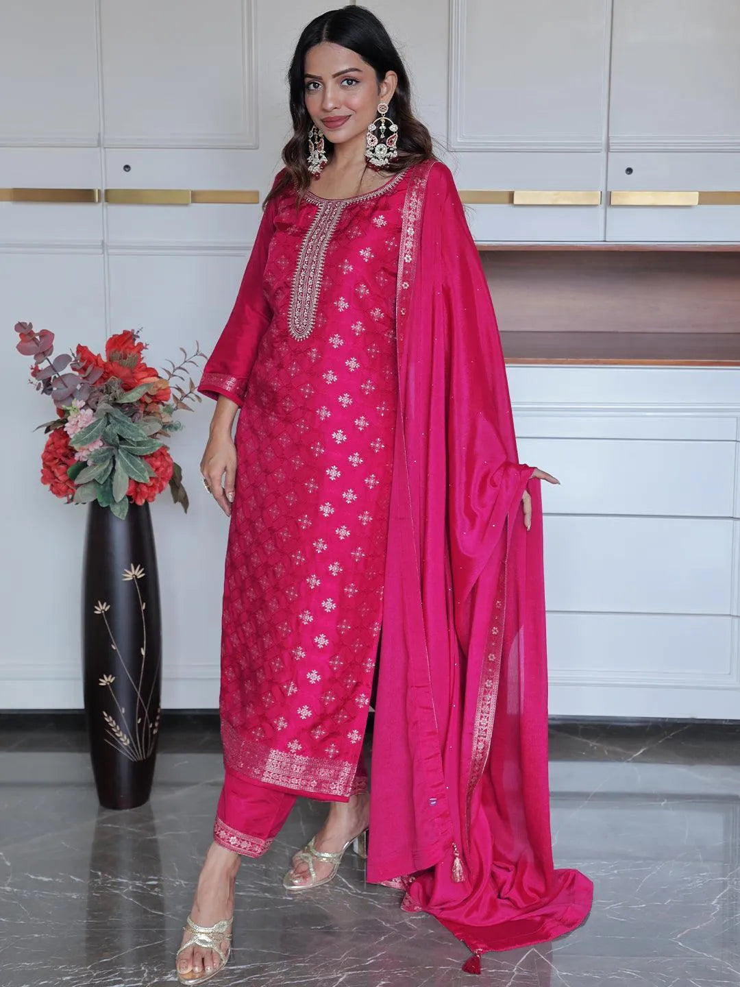 libas Magenta Woven Design Silk Blend Straight Suit With Dupatta-picture-12