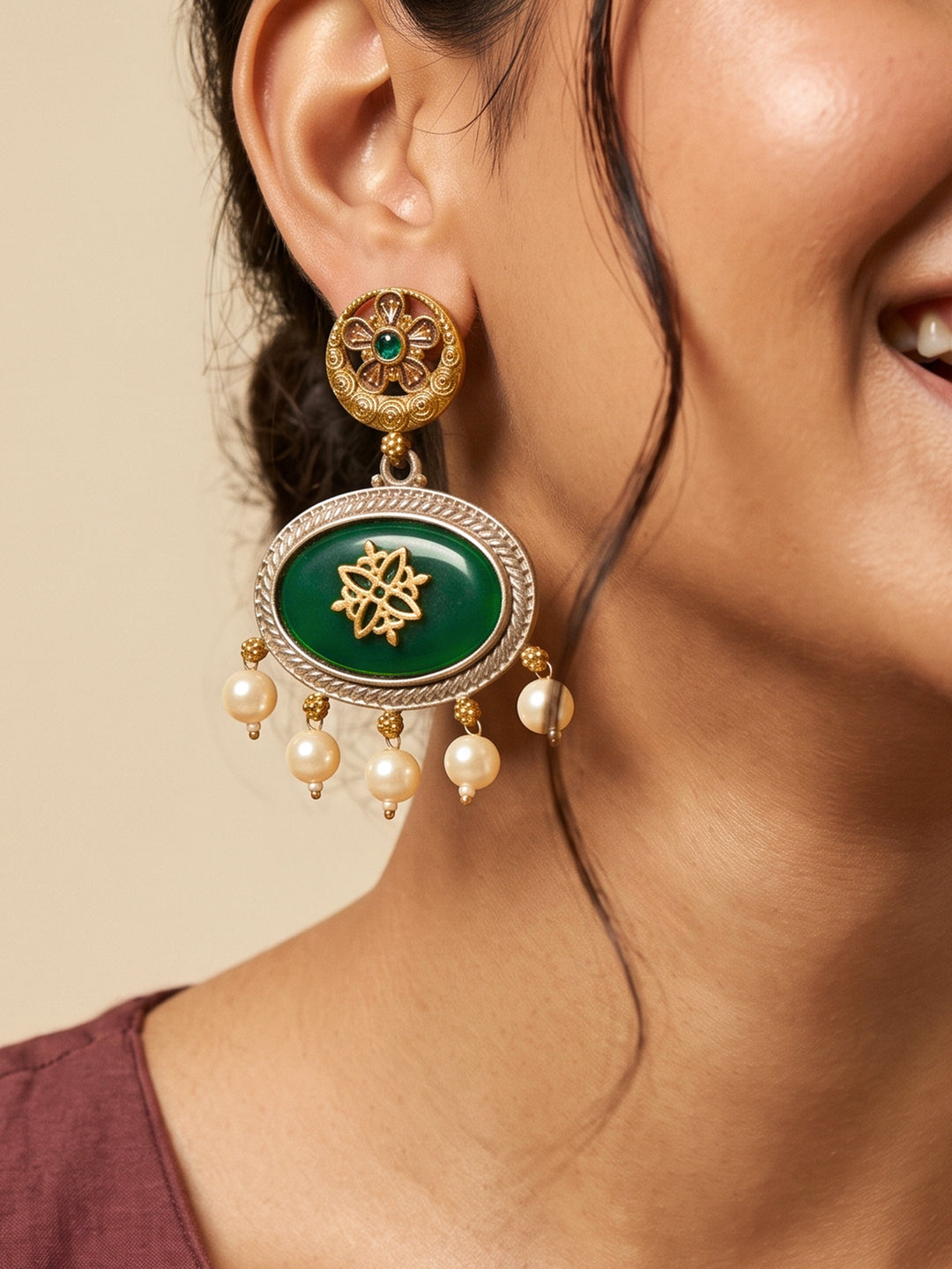  Libas Green Stone Statement Pearl Drop Earrings 