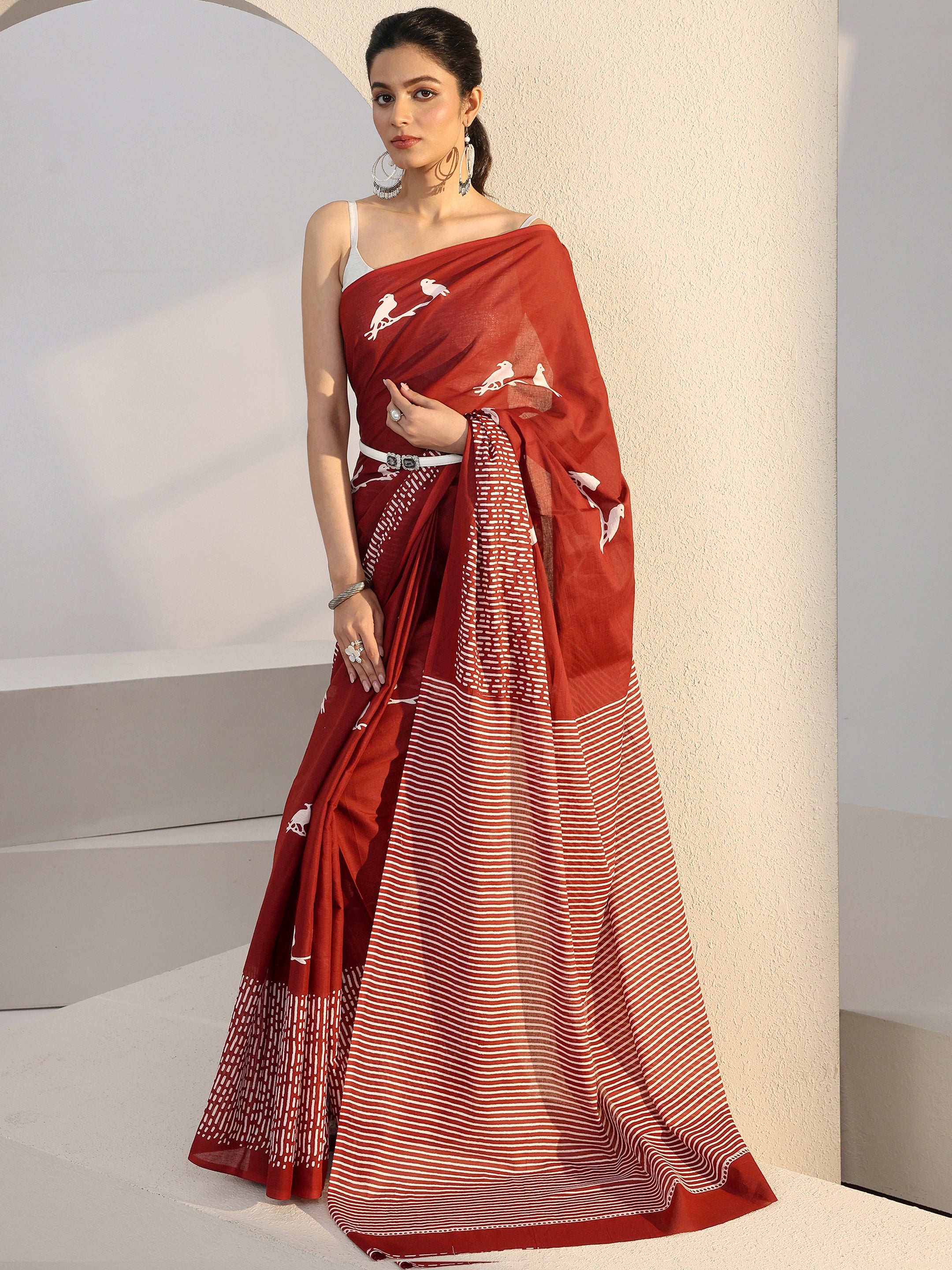 Libas Rust Red Bird Print Cotton Saree-picture-64
