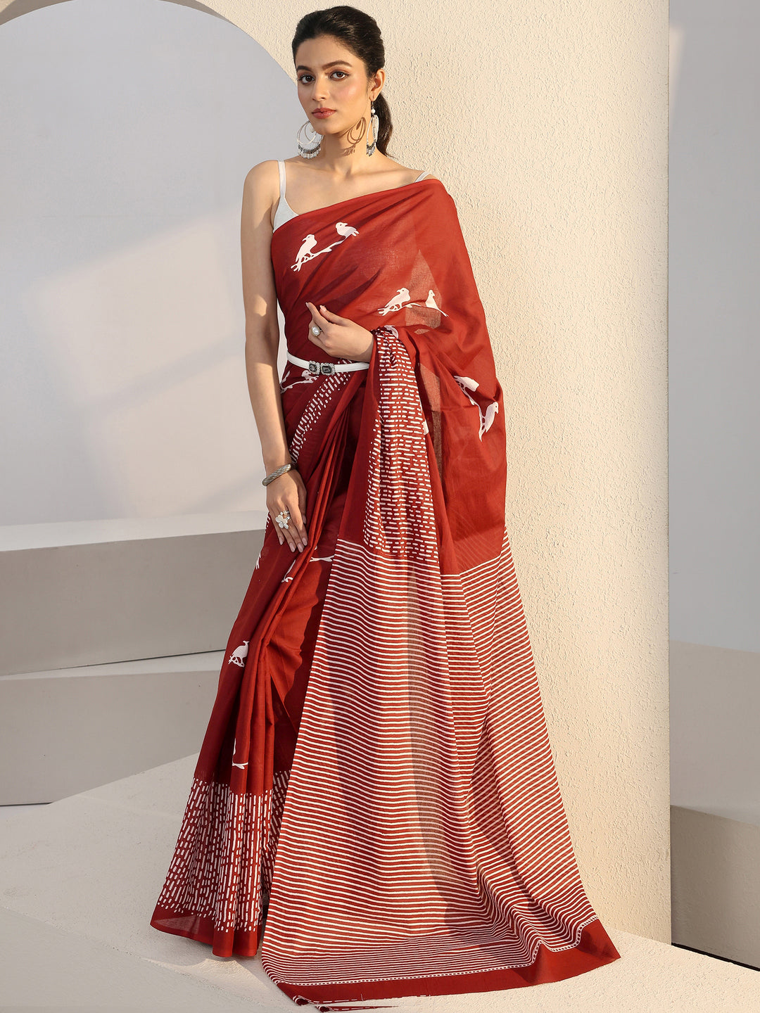  Rust Red Bird Print Cotton Saree 