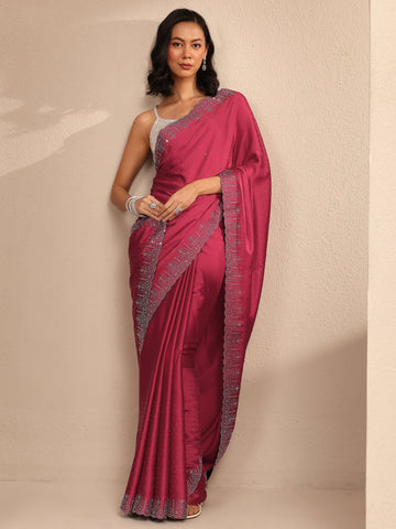 Maroon Embellished Silk Blend Saree With Unstitched Blouse Piece