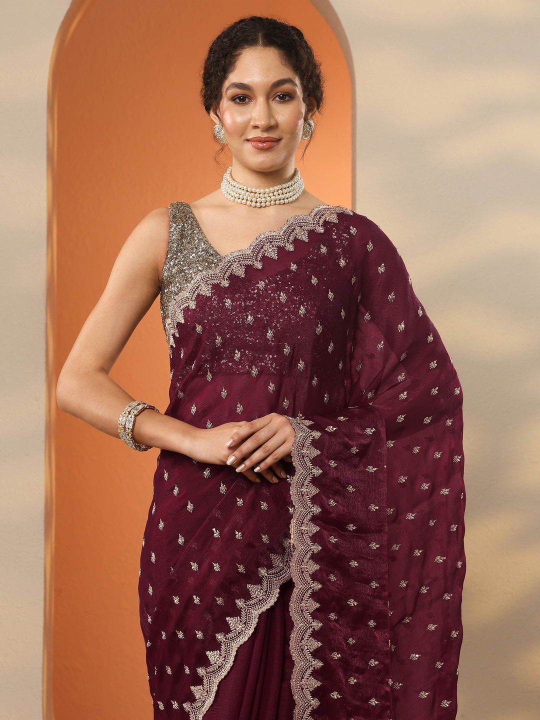 Maroon Embroidered Organza Saree With Unstitched Blouse Piece