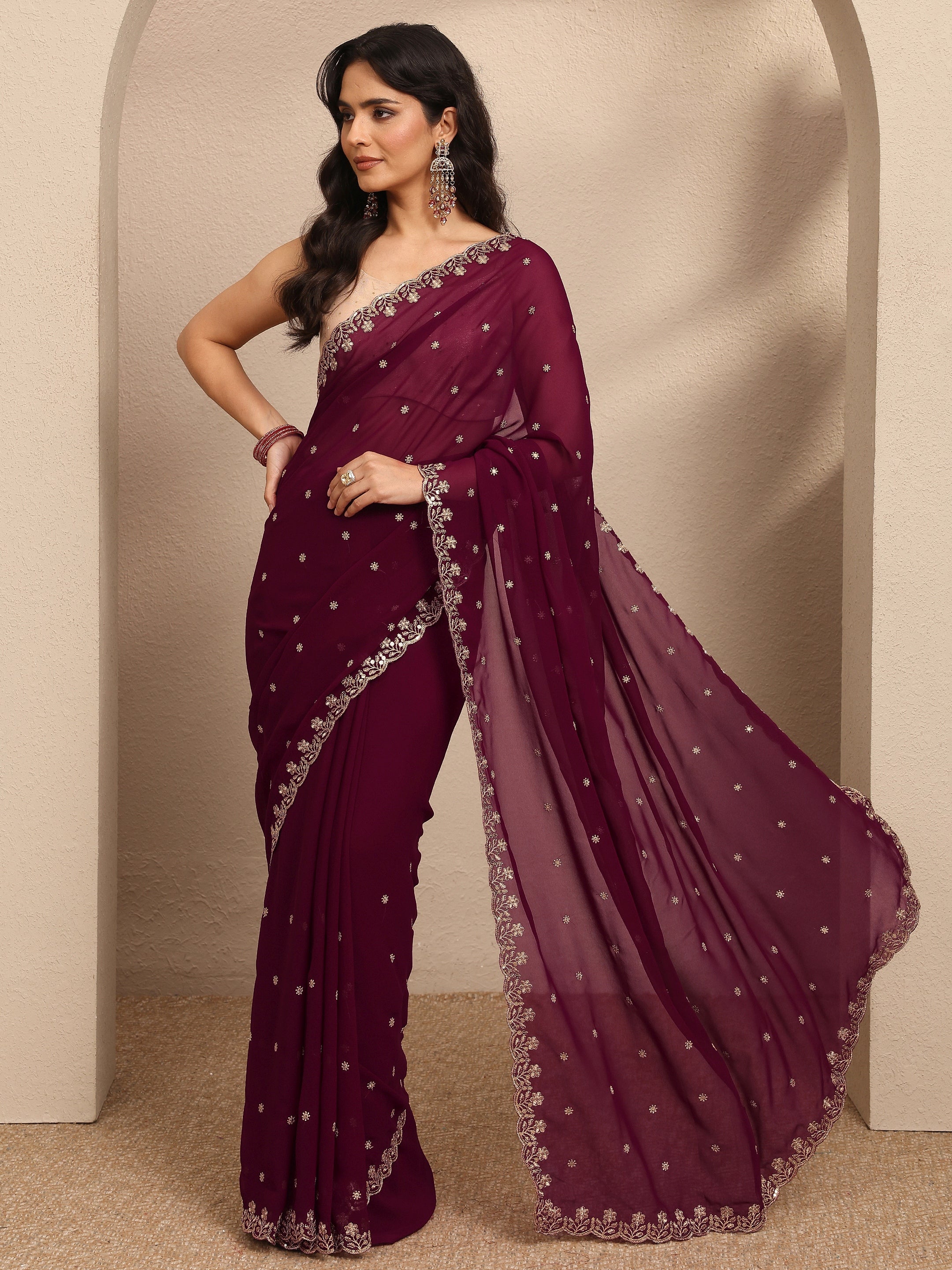libas Maroon Embroidered Georgette Saree With Unstitched Blouse Piece-picture-22