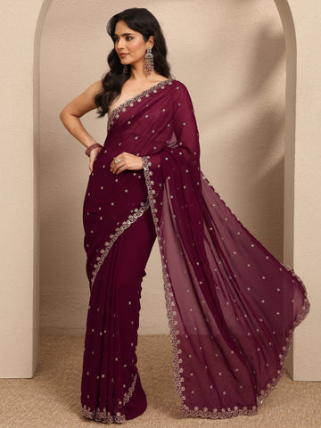 Maroon Embroidered Georgette Saree With Unstitched Blouse Piece