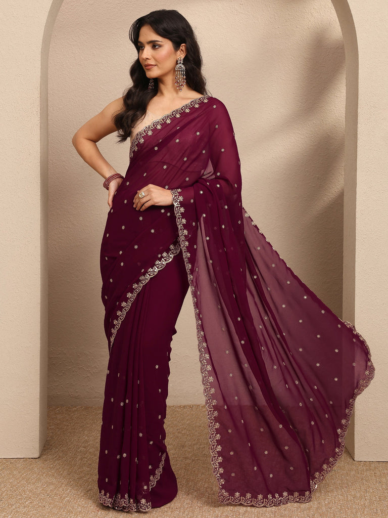 Libas Maroon Embroidered Georgette Saree With Unstitched Blouse Piece