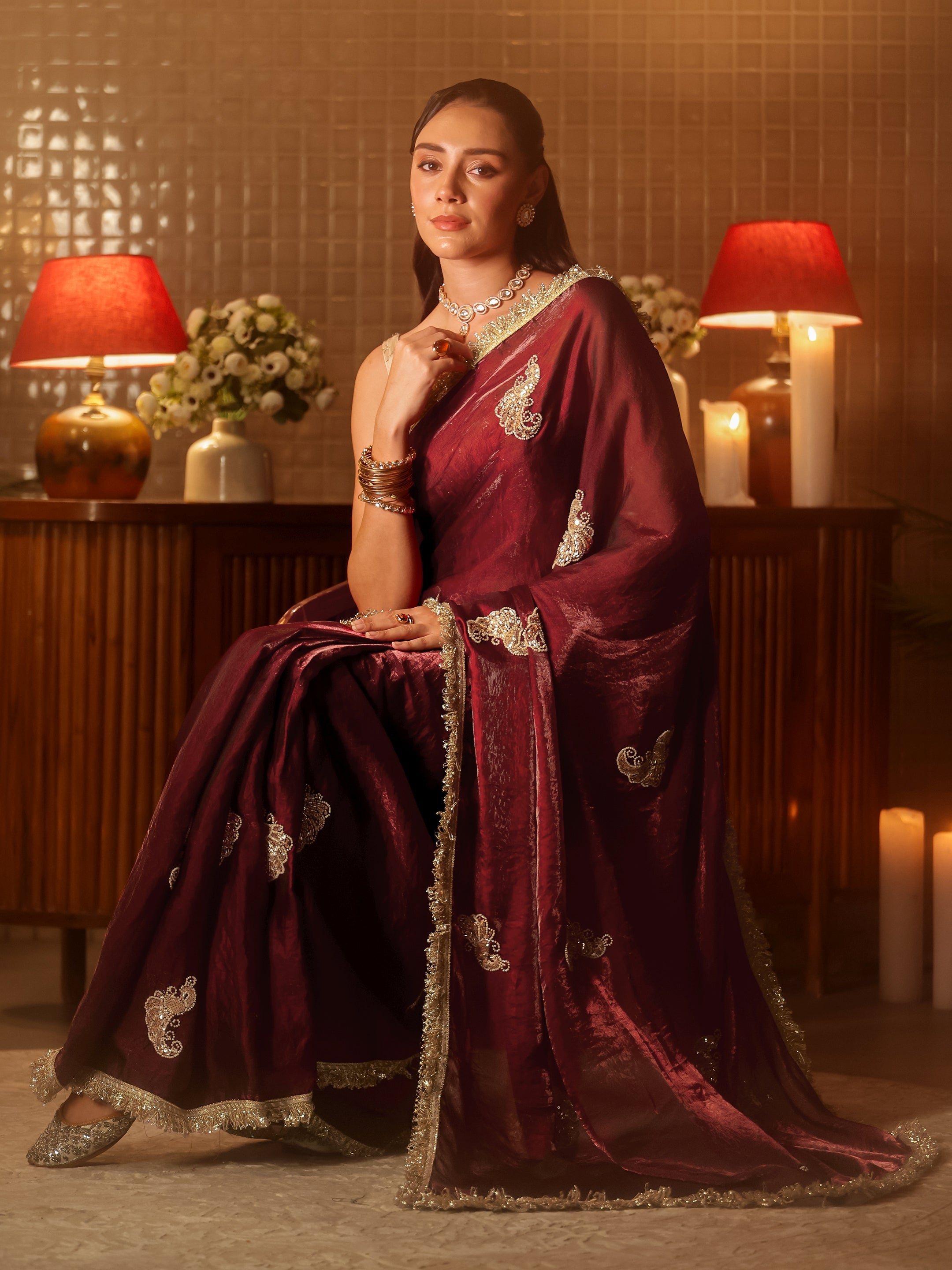 libas Maroon Ethnic Embellished Silk Blend Saree-picture-32