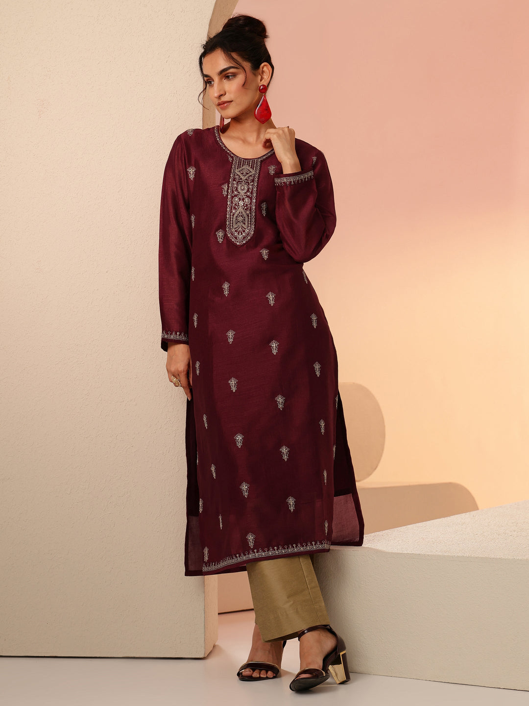  Maroon Ethnic Embroidered Silk Blend Straight Kurta Set 