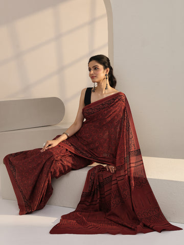 Libas Rust Red Ajrakh Print Cotton Saree